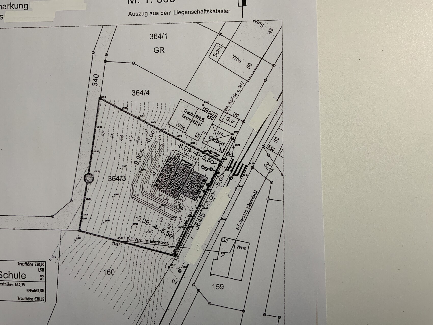 Extract from the land register: parcel 364/4 with building and adjacent parcels.