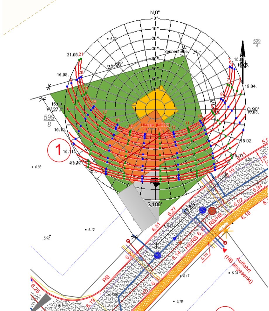 Sun position diagram over site plan showing sun height and colored azimuth lines.