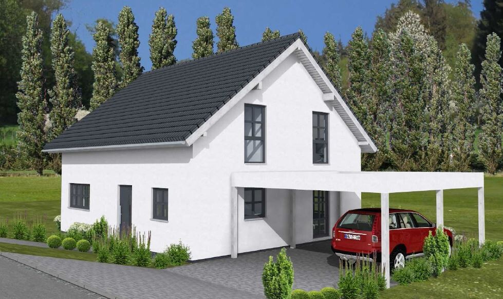 3D view of a white detached house with carport and red car