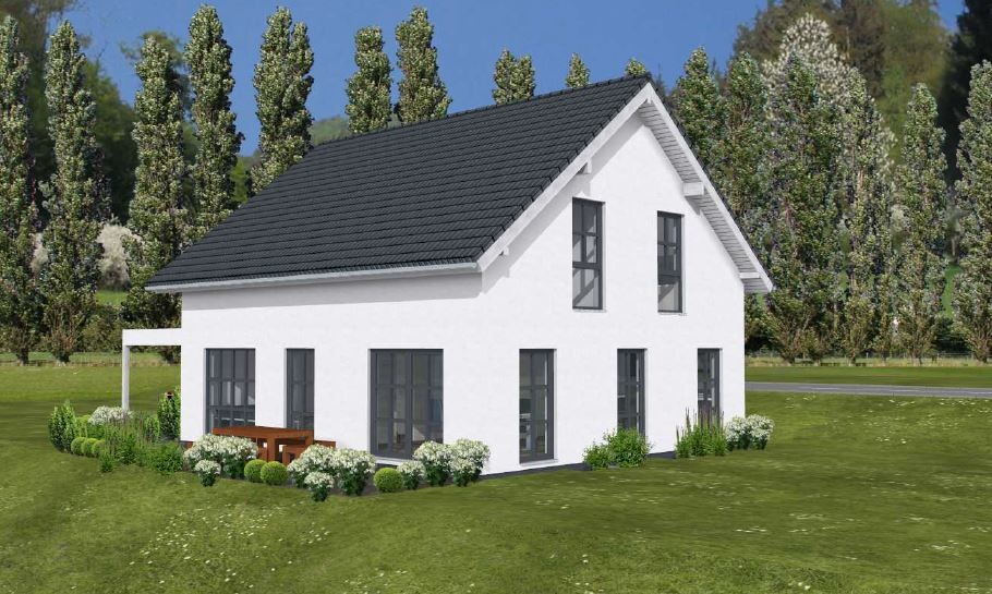 White two-story house facade with dark gable roof, large windows and green garden