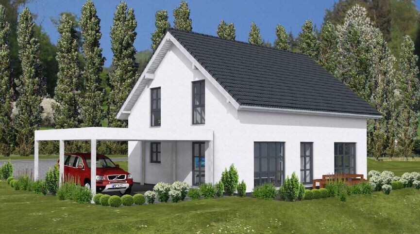 White modern house with carport, garden and terrace in 3D visualization