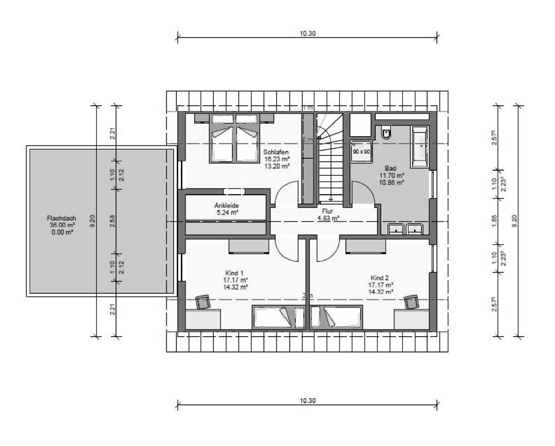 Floor plan of upper floor with bedrooms, bathroom, hallway and dressing room