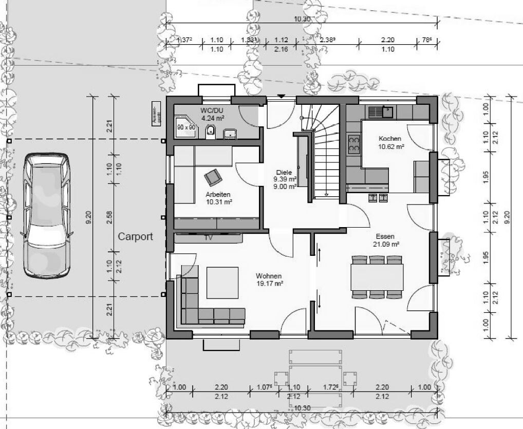 2D floor plan of a house with living room, kitchen, dining area and carport