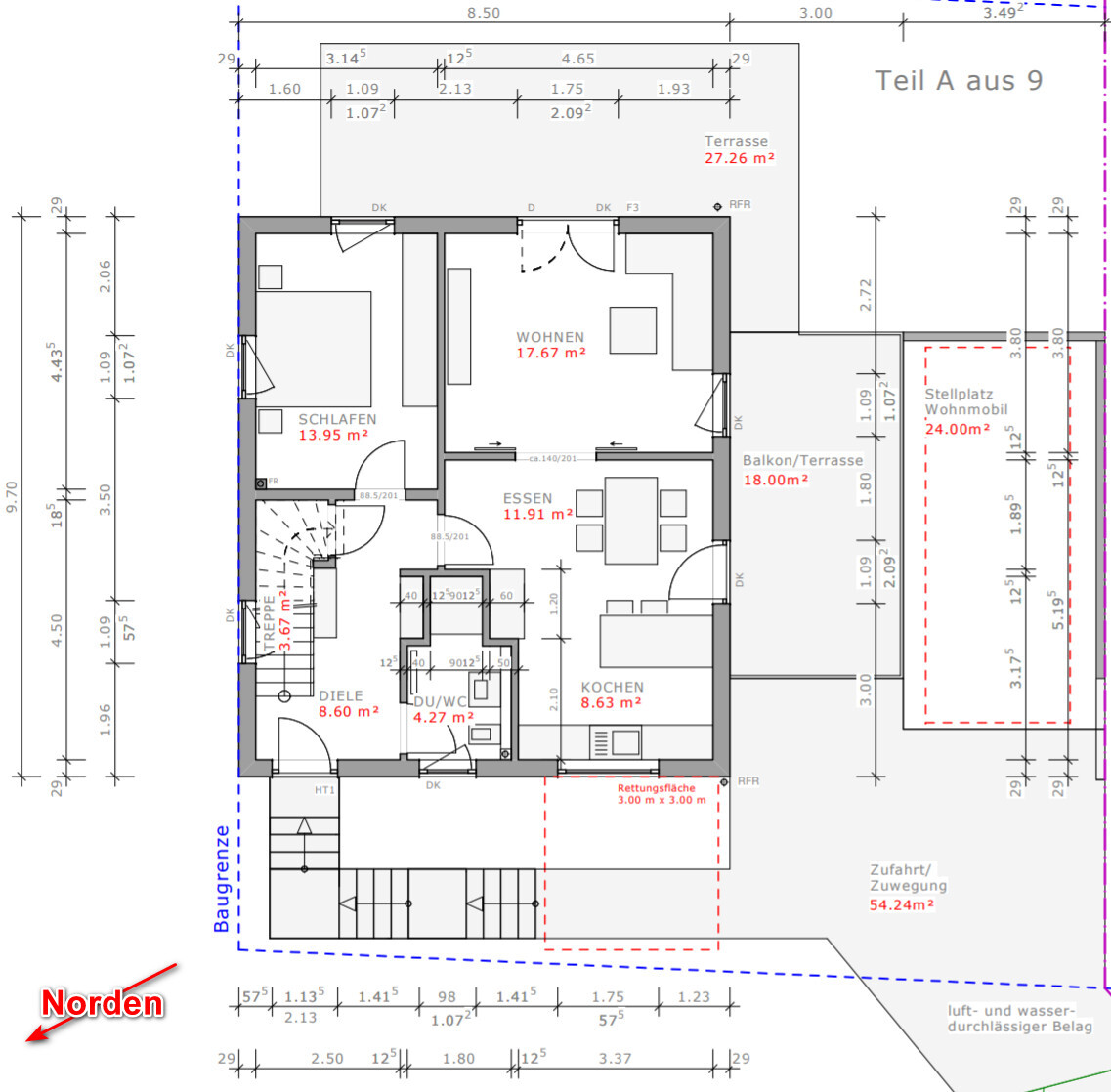 Grundriss eines Hauses mit Wohn- und Essbereich, Schlafzimmer, Küche, Diele, Treppe und Terrasse