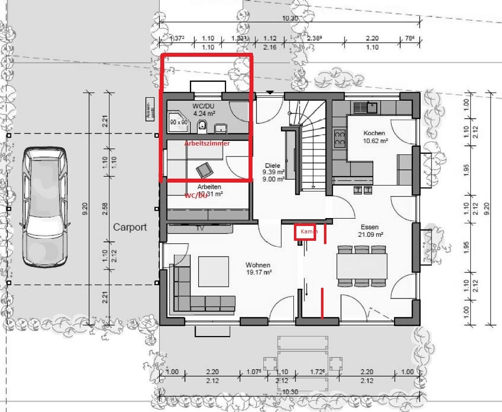 Floor plan of a detached house with living area, kitchen, dining and carport