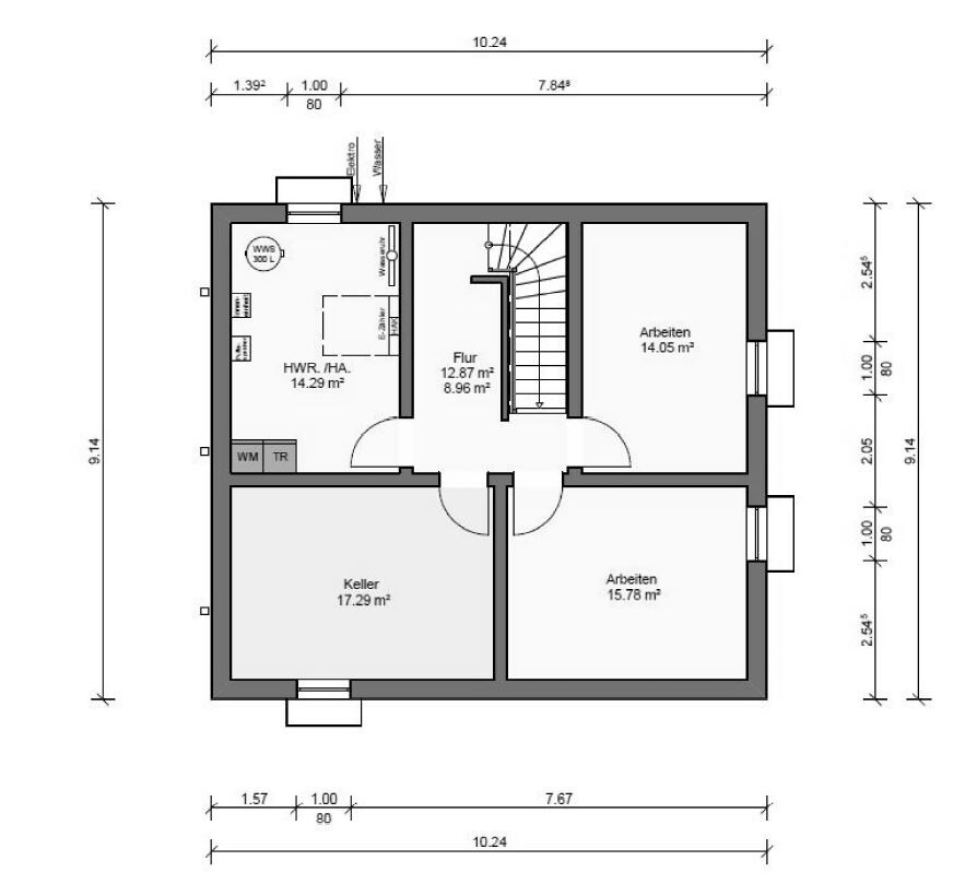 Floor plan of a house with basement, work rooms and hallway in lower level