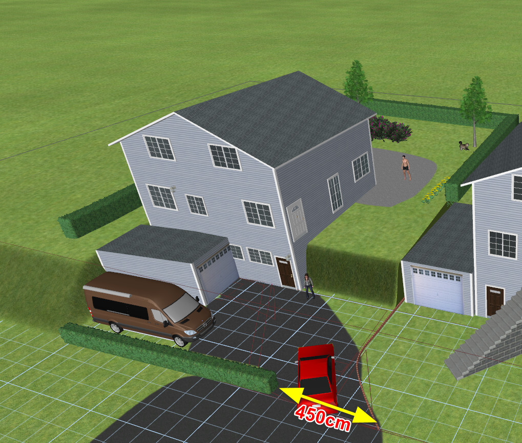 Two-story house with garage; brown van, red car 450 cm distance; person at entrance, dog.