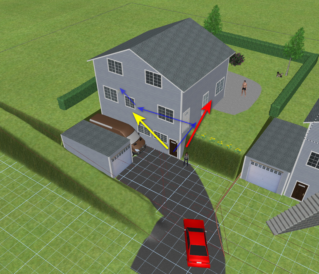 3D house with garage, red car in driveway, yellow arrow to entrance, blue arrows on windows