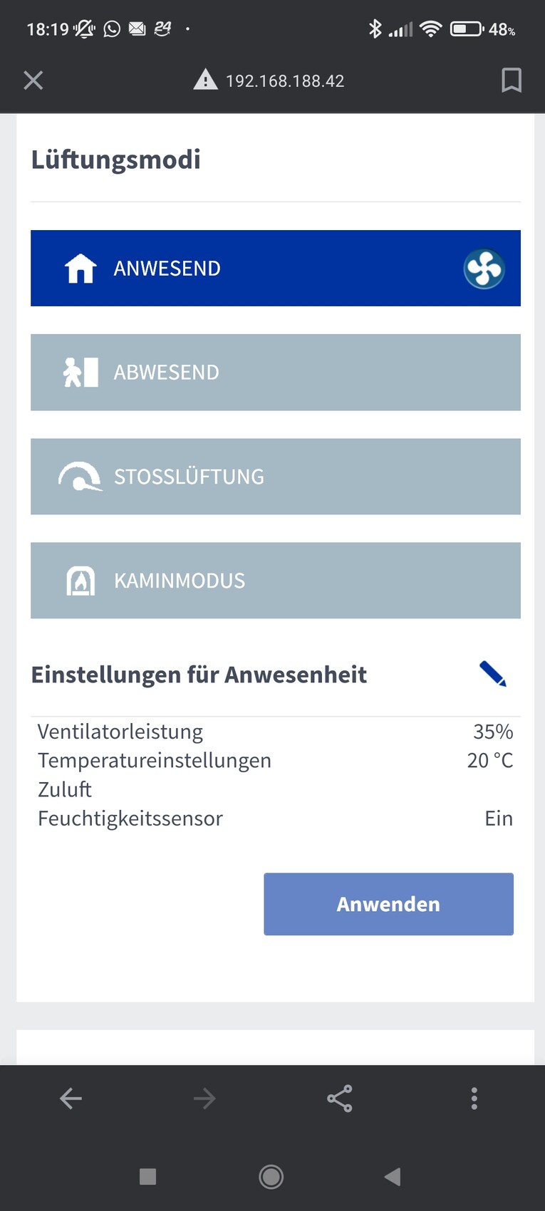 Mobile interface: ventilation modes PRESENT, ABSENT, BOOST VENTILATION, FIREPLACE MODE