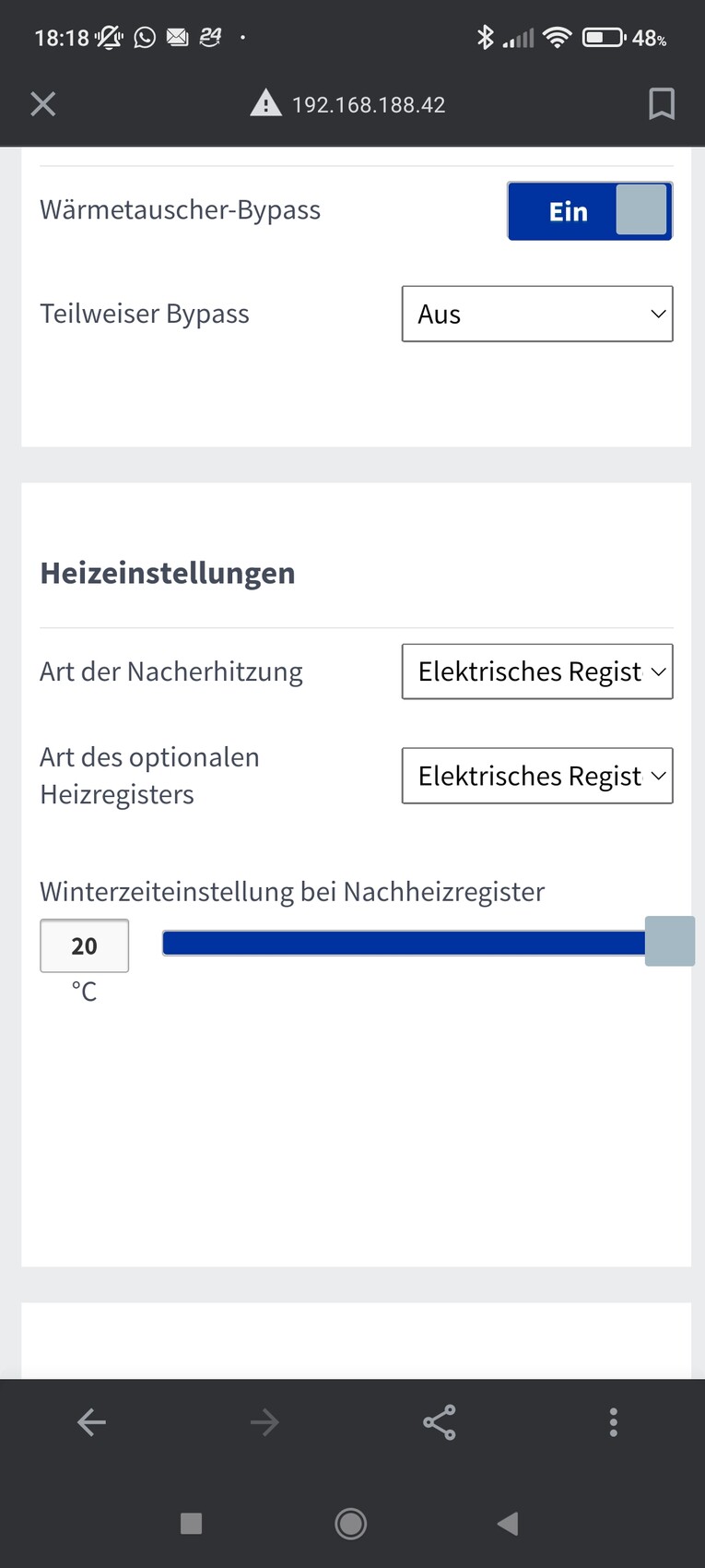 Heating settings: Bypass, Partial Bypass Off, Electric reheating, 20°C (68°F) winter setting