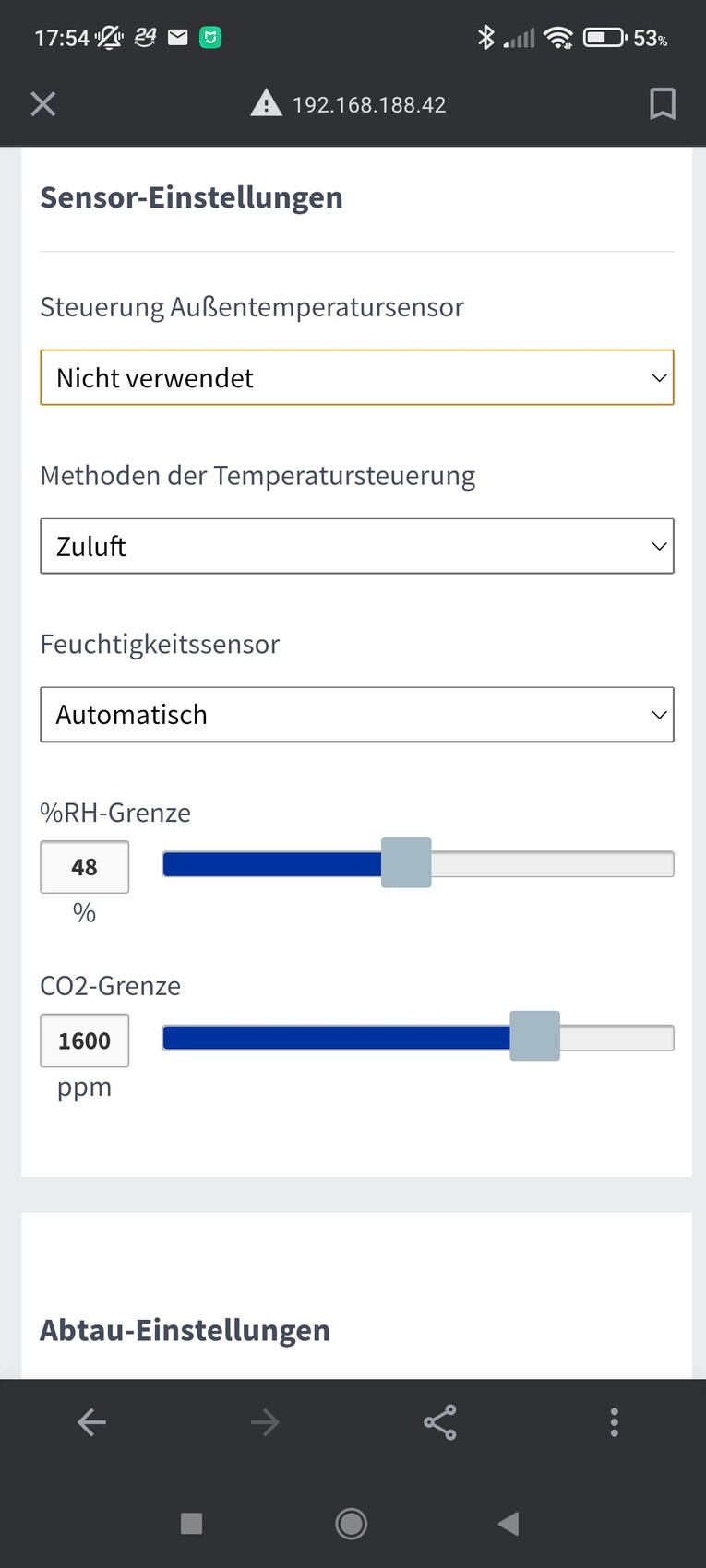 Screenshot: sensor settings with outside temperature, humidity, CO2 limit, and sliders.