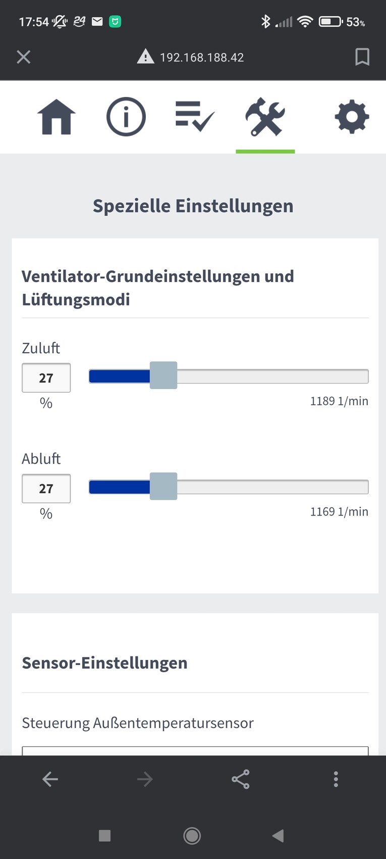 Basic fan settings and ventilation modes: supply air and exhaust air each at 27% with sliders.