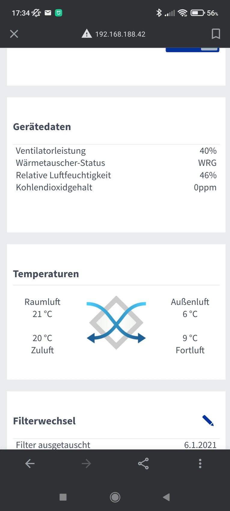 Device data: fan 40%, heat recovery, humidity 46%, CO2 0ppm; room 21°C (70°F), supply air 20°C (68°F)