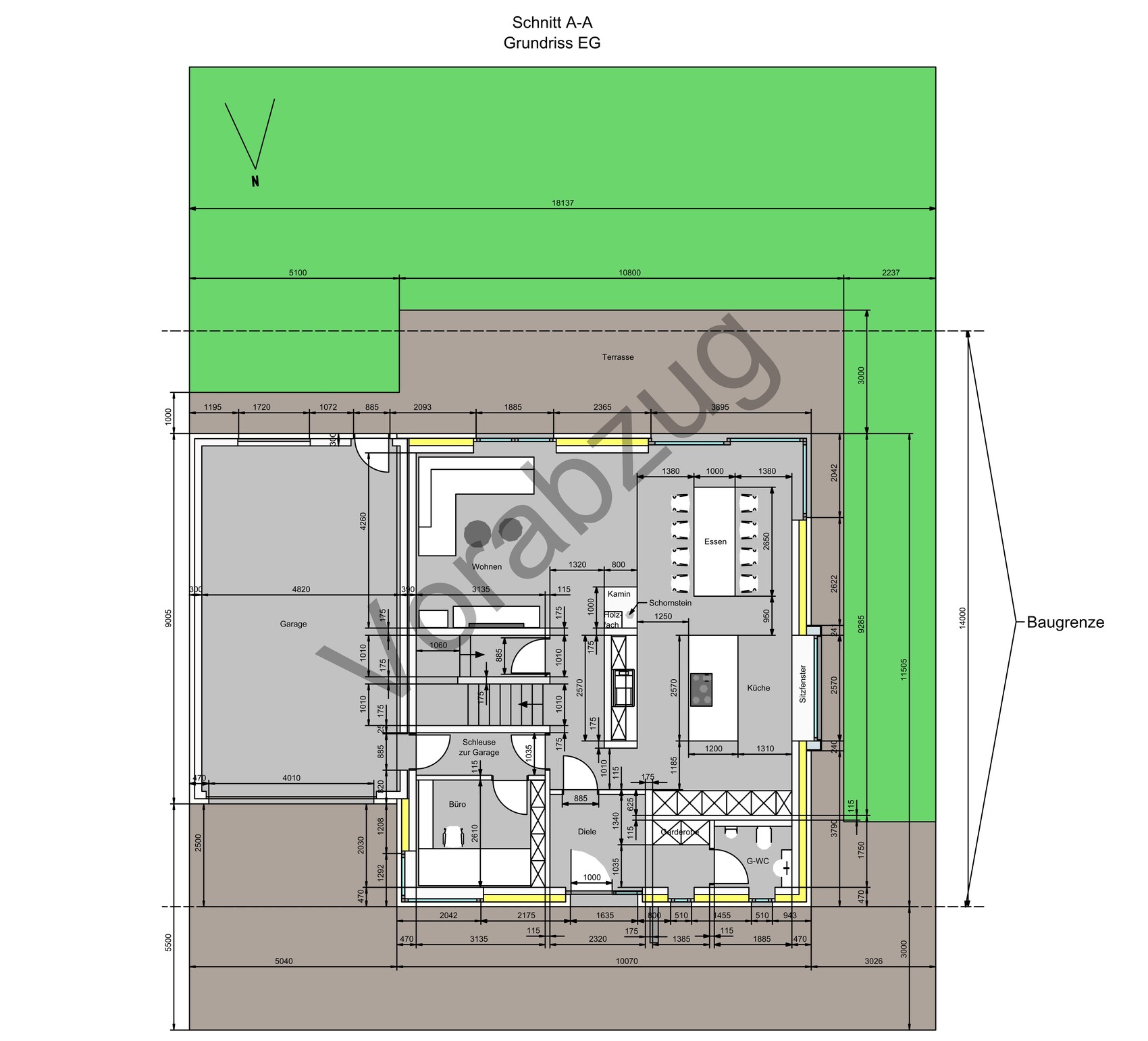 Ground floor plan with terrace, living area, kitchen, dining area, and garage; green building boundary.