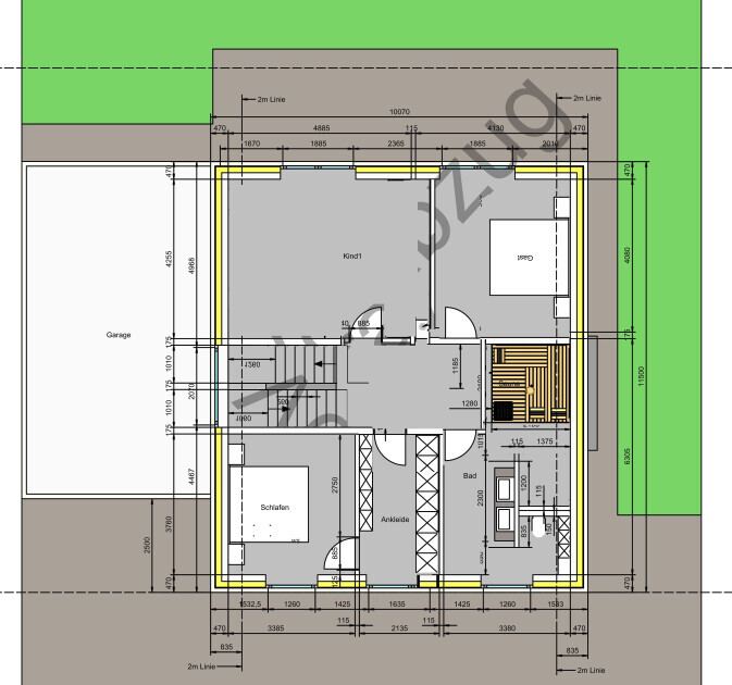 Grundriss eines Wohnhauses: Garage links, Schlafzimmer unten links, Kind1, Ankleide, Bad, Treppen
