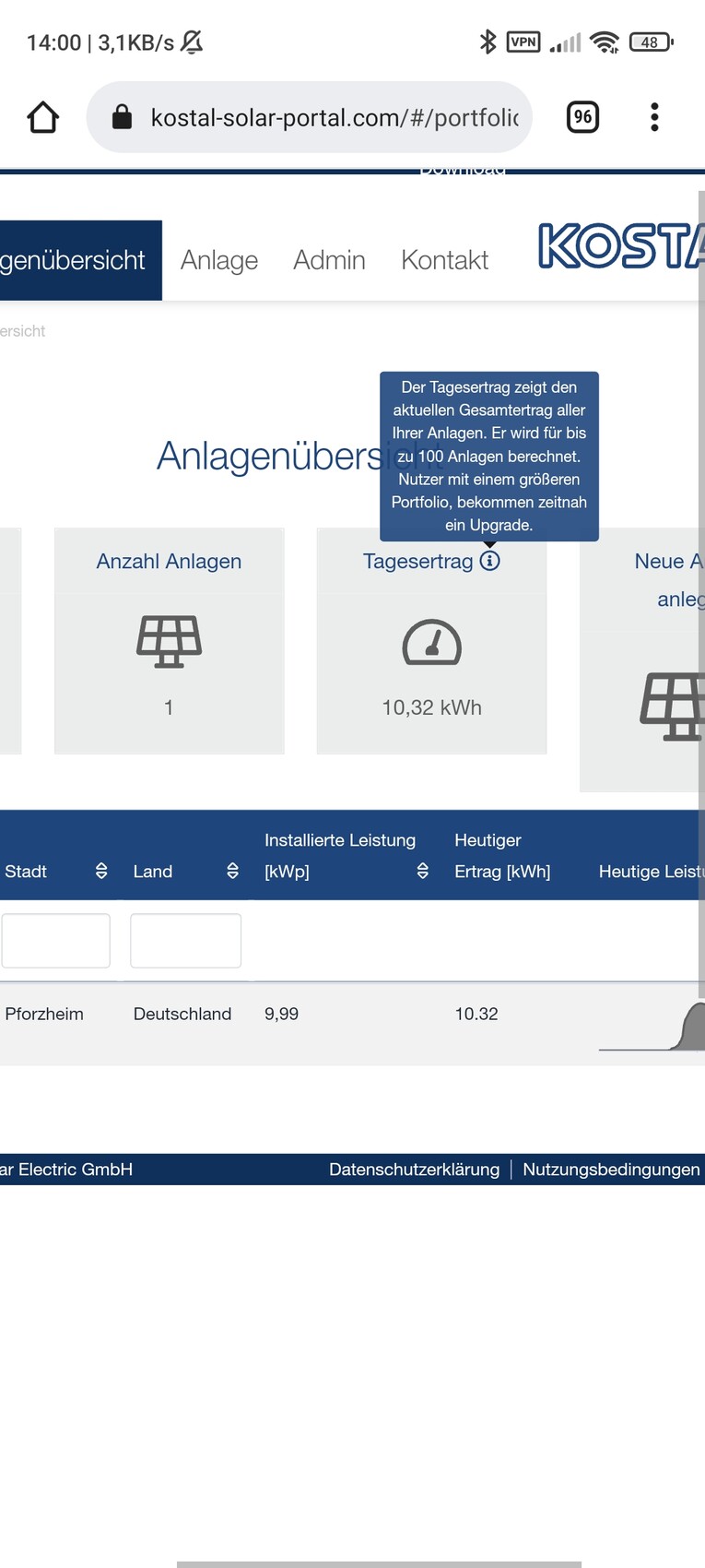 Solar portal: system overview with 1 system and daily output 10.32 kWh.