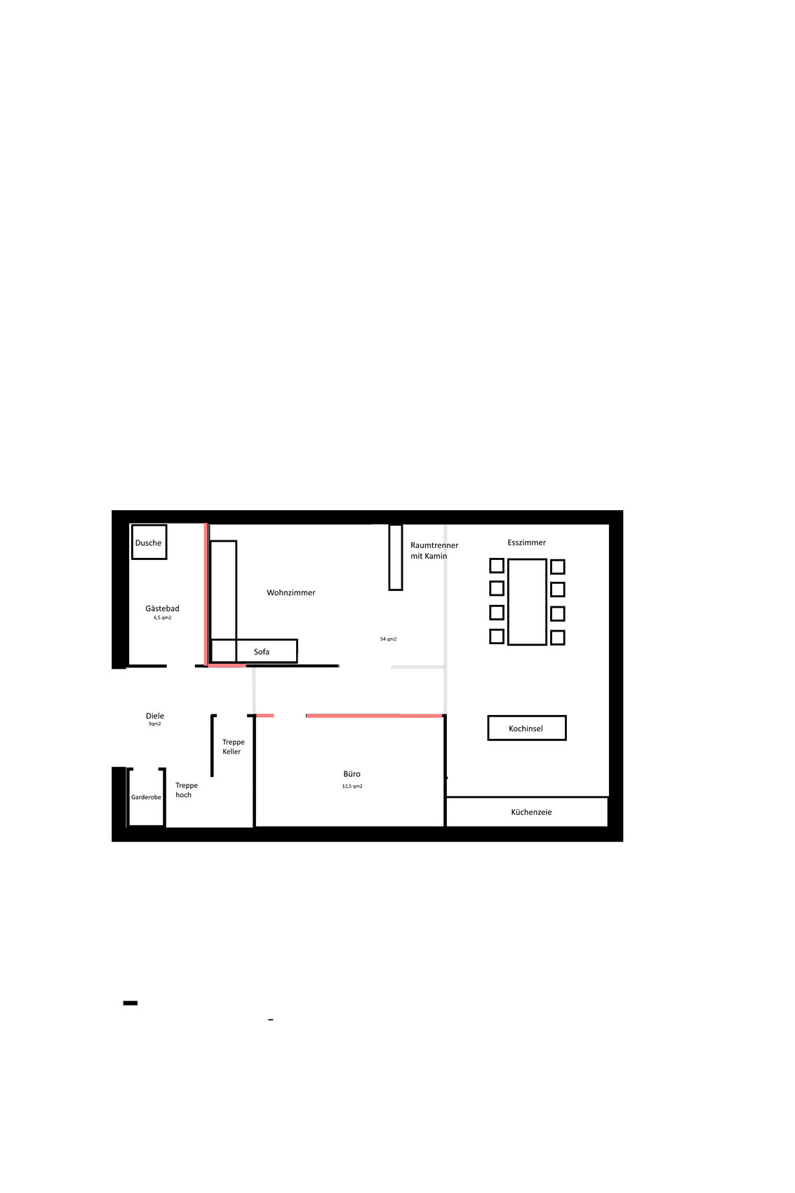 Grundriss eines Hauses: Wohnzimmer, Esszimmer, Küche mit Kochinsel, Büro, Diele, Treppen, Dusche.