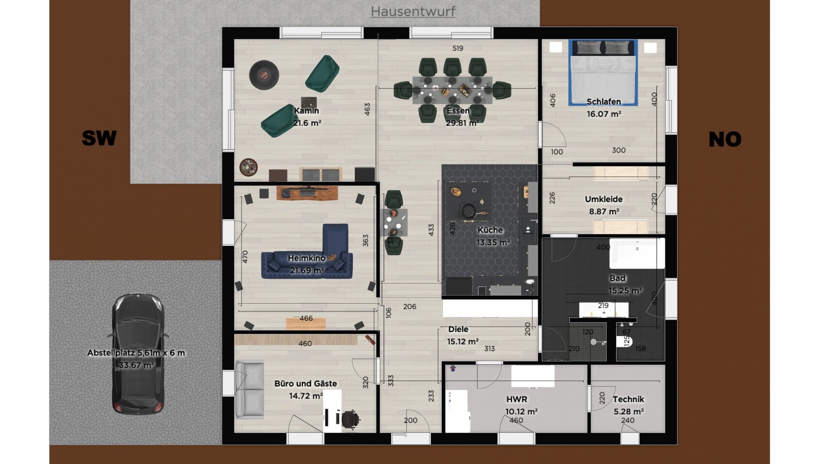 Floor plan of a house with living room, fireplace, dining room, kitchen, bedroom, bathroom and hallway.