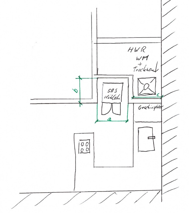 Hand-drawn kitchen floor plan with sink and appliances