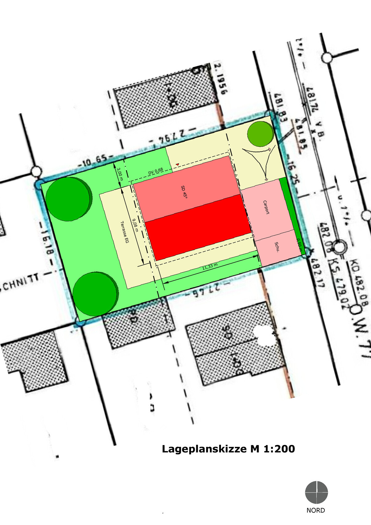 Site plan 1:200: Property with green garden, red building, carport, and trees