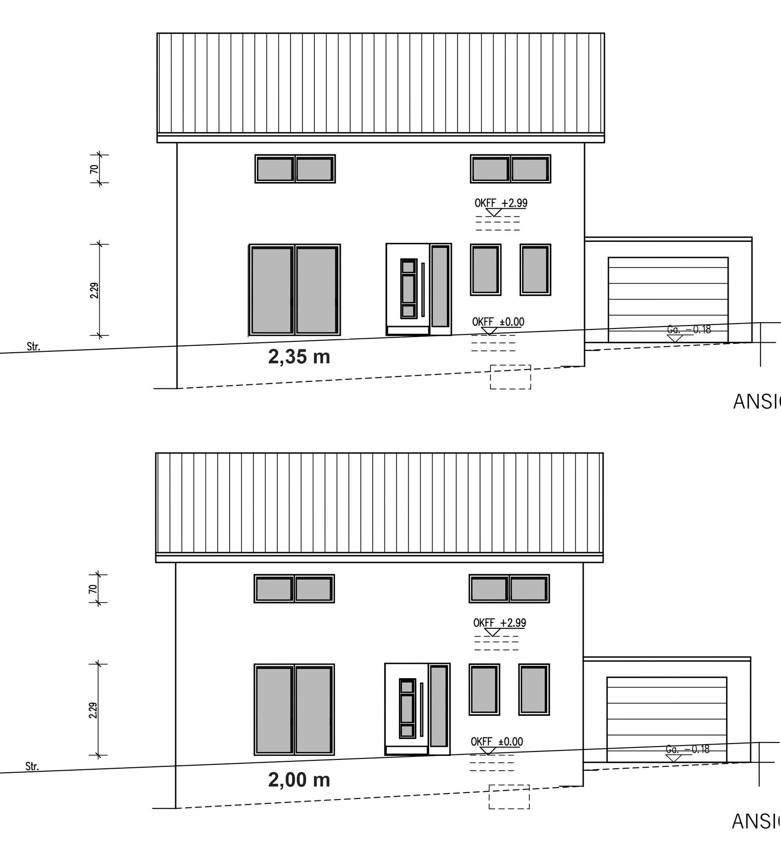 Two-story house with flat roof, front/side view, garage on the right, dimension lines.