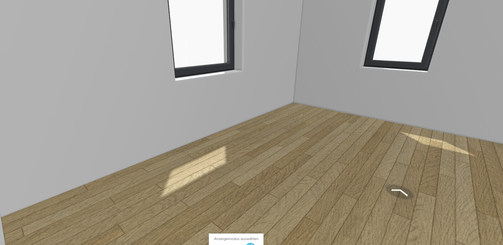 3D render of an empty living room with wooden floor, gray walls and two windows
