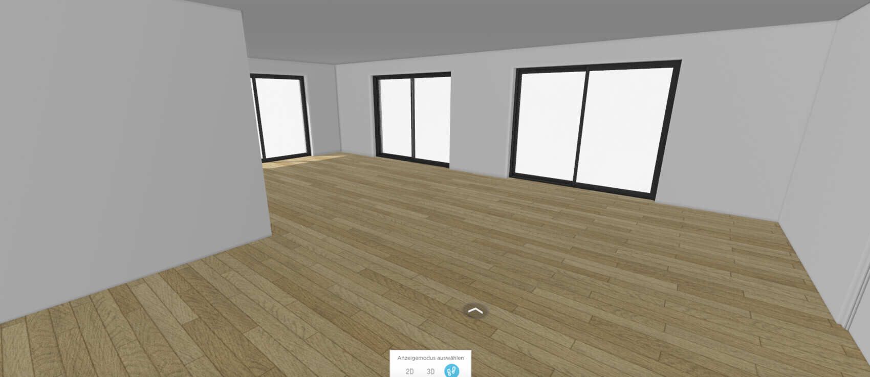 Empty room with light wooden flooring, white walls, and large floor-to-ceiling windows/sliding doors.