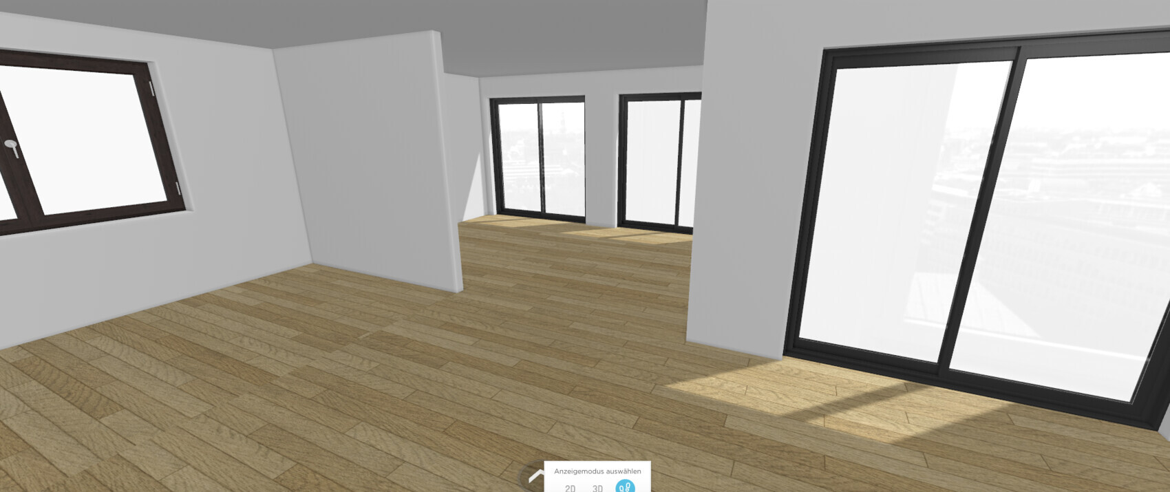 Empty modern living space with wooden floor and large windows with a city view.