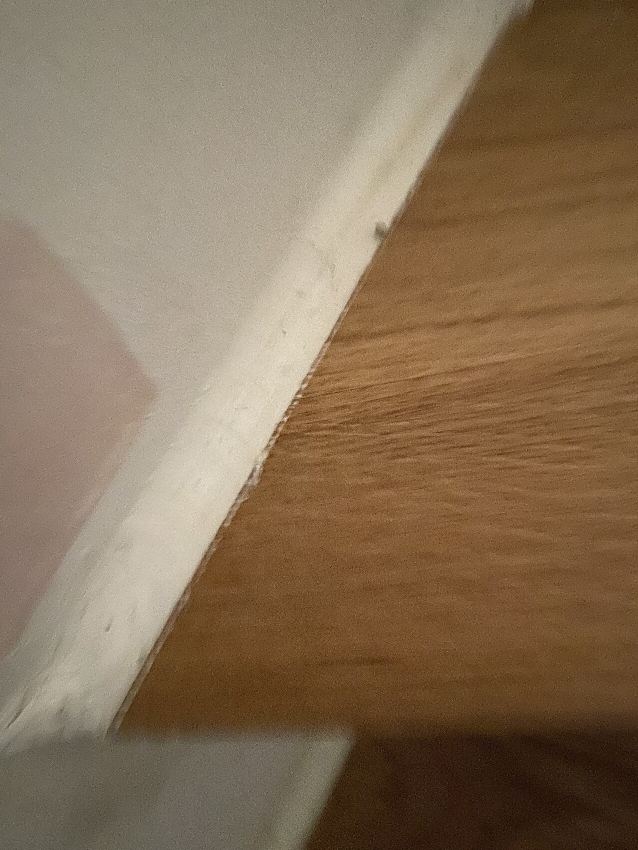 Corner of wall and floor: white baseboard with chipping next to brown wooden floor.