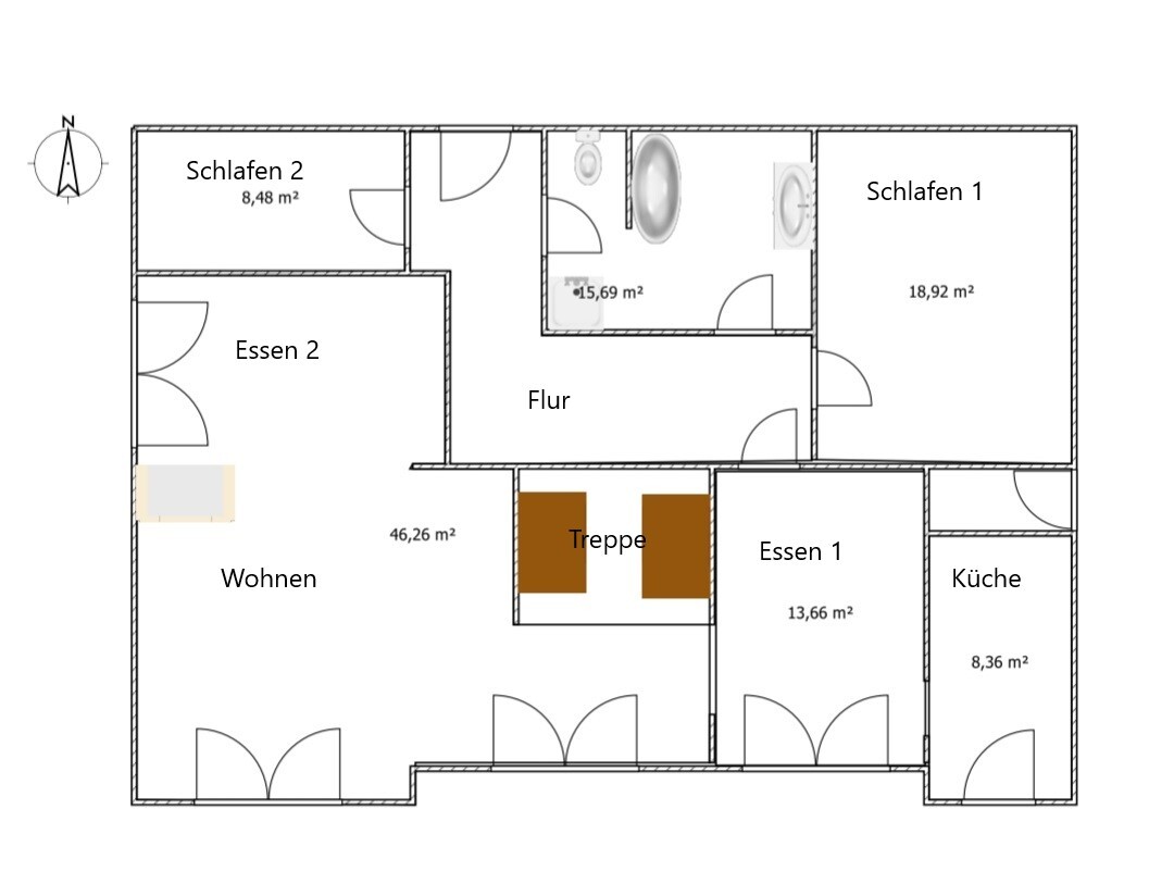 Detailed floor plan of a house with bedrooms, kitchen, bathroom, and stairs