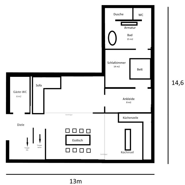 Floor plan of an apartment with shower, WC, bathroom, bedroom, dressing room, kitchen, dining area, sofa.