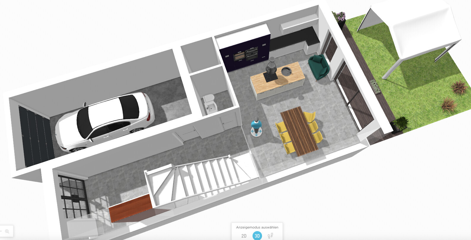 3D floor plan: garage with car, open kitchen, dining area, living room, garden