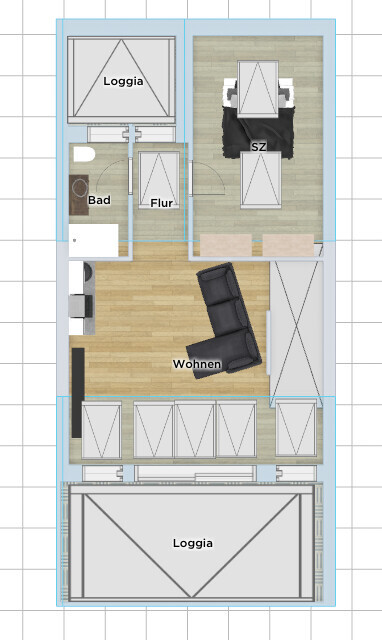 Apartment floor plan: two loggias, bathroom, hallway, living room with sofa, bedroom with table.