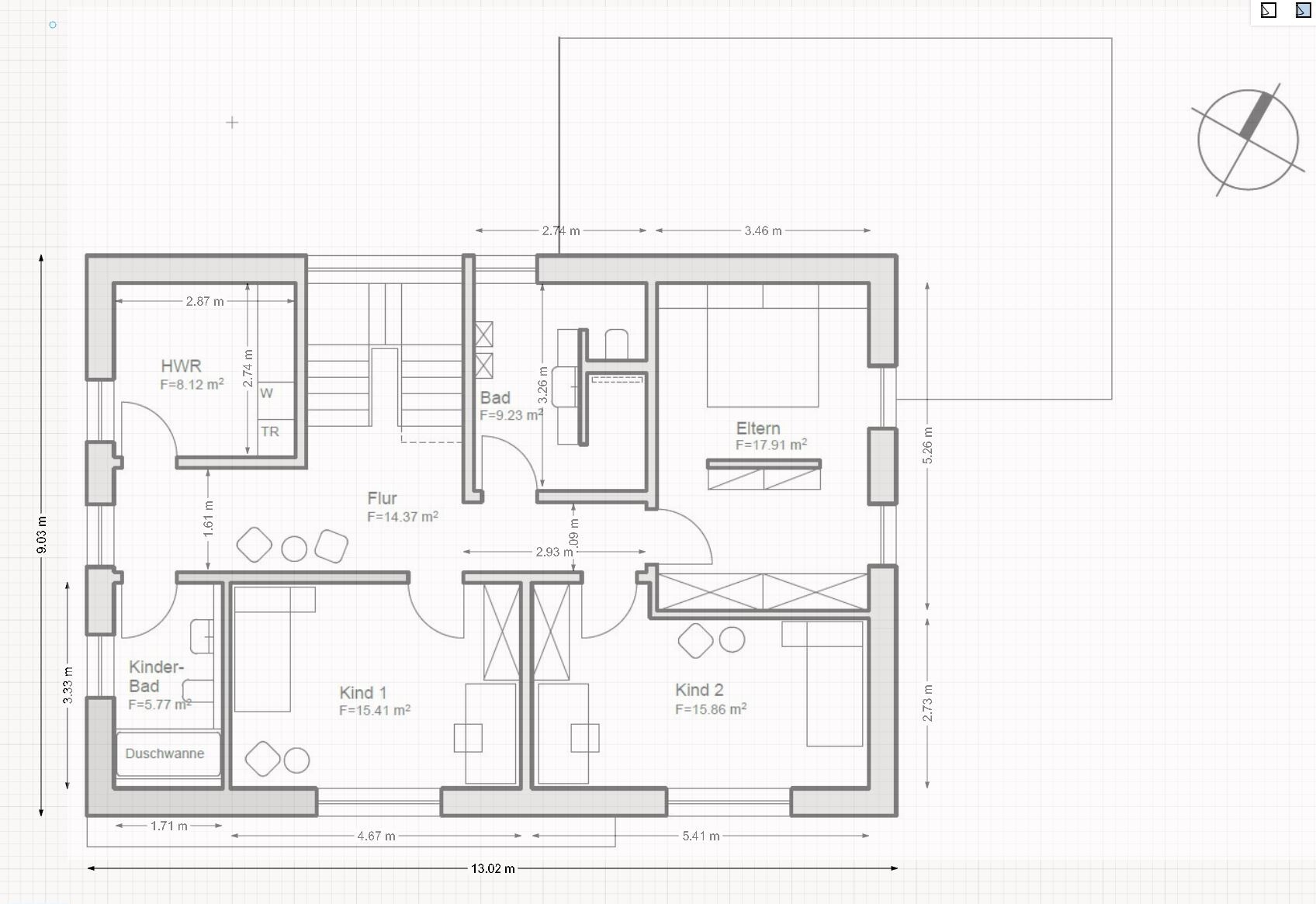 Grundriss eines Wohnhauses mit Flur, HWR, Bad, Eltern- und Kinderzimmern.