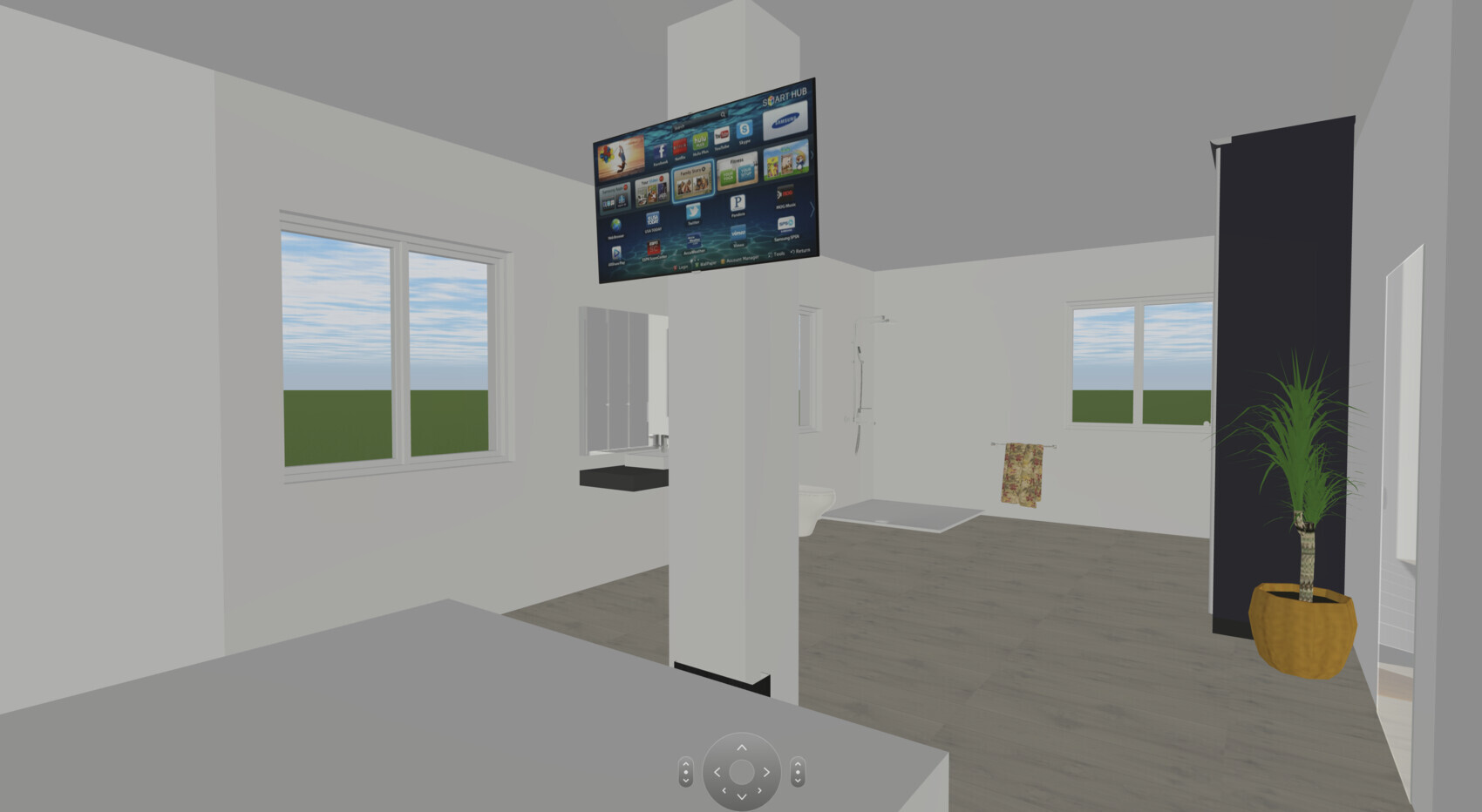 Open interior with bathroom area: window view, wall-mounted TV, shower, potted plant.