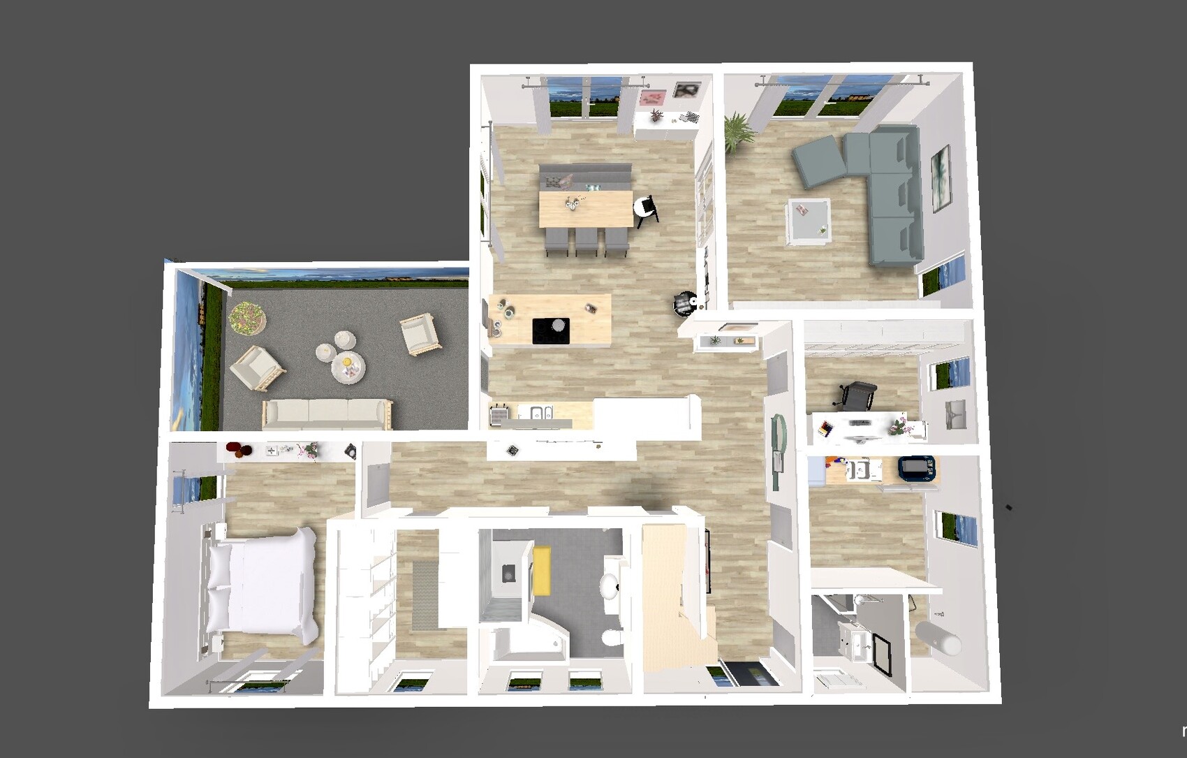 3D-Grundriss einer Wohnung: Küche mit Insel, Esszimmer, Wohnzimmer, Schlafzimmer, Büro, Balkon.
