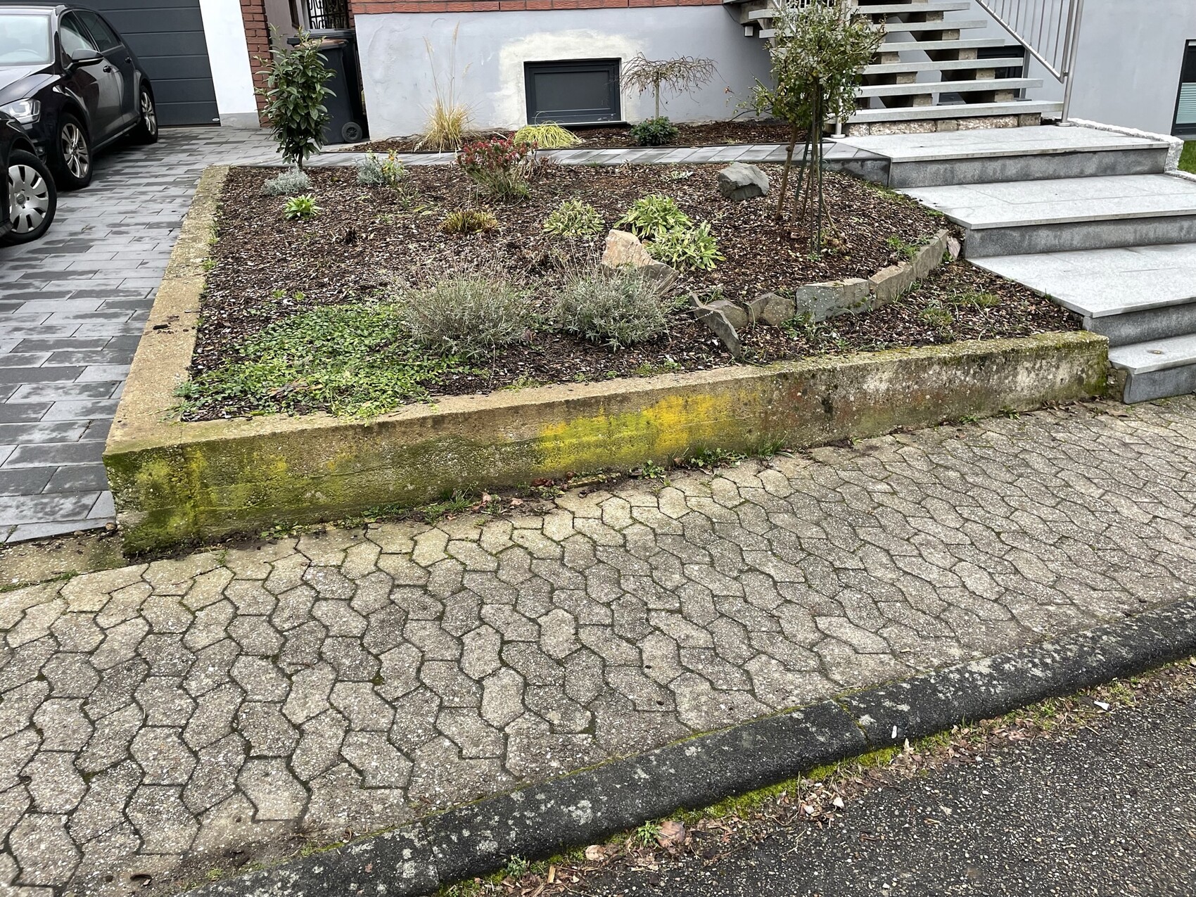 Front garden with raised stone flowerbed, small plants, stairs to the house on the right, parked car on the left.