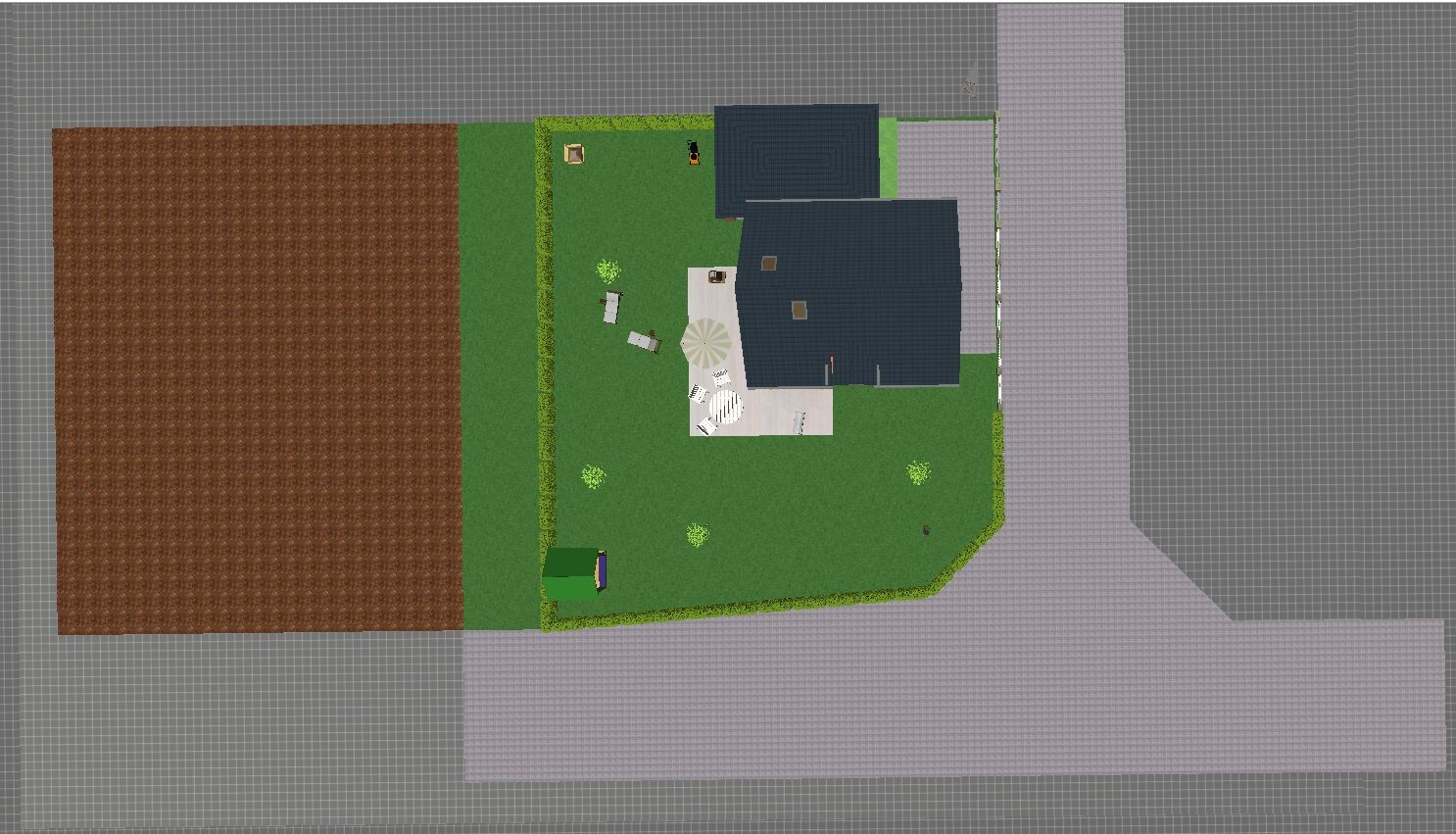 Vogelperspektive eines Hauses mit Garten, Terrasse, Sonnenliegen und Hecke.