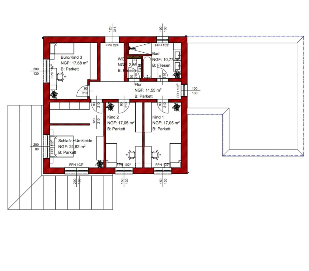House floor plan: bedroom, office/child 3, child 1, child 2, bathroom, hallway; red exterior walls.