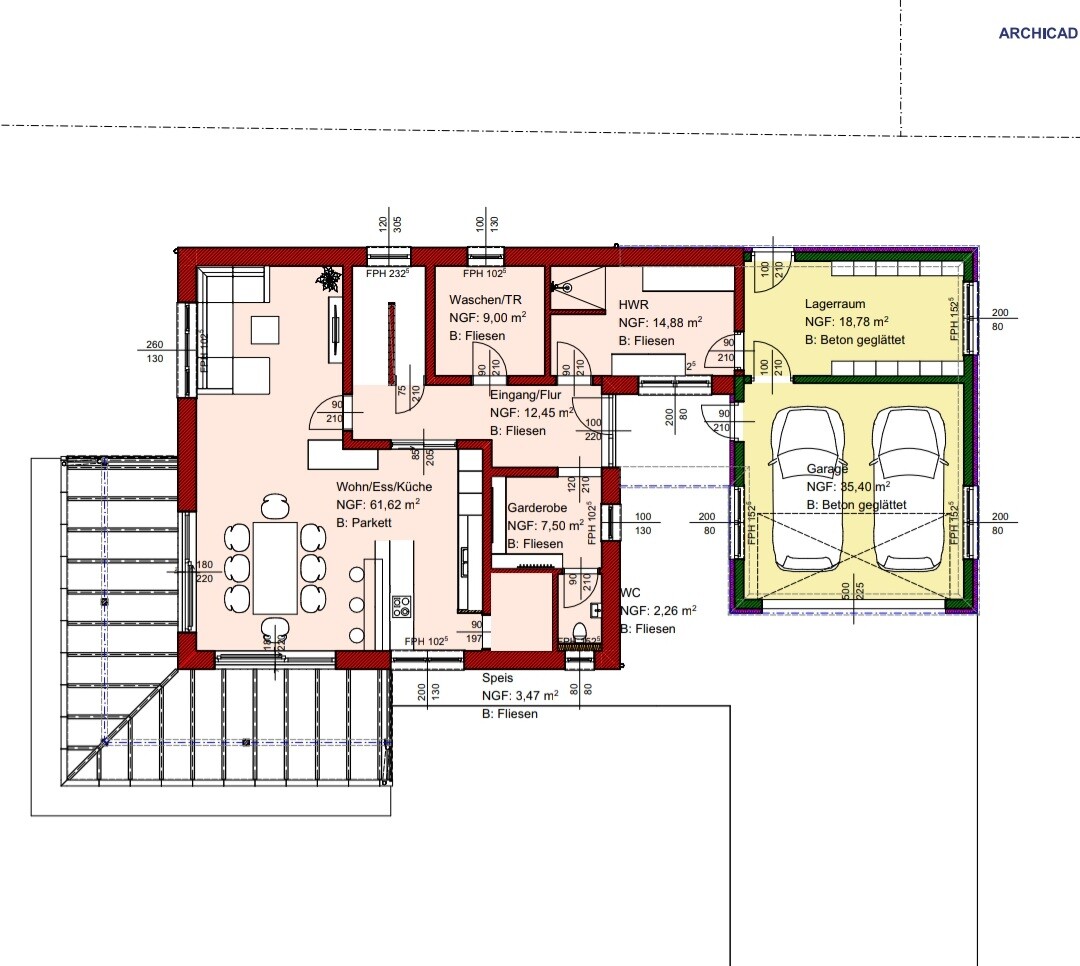 House floor plan with kitchen, living/dining area, bathroom, cloakroom, laundry/technical room and garage