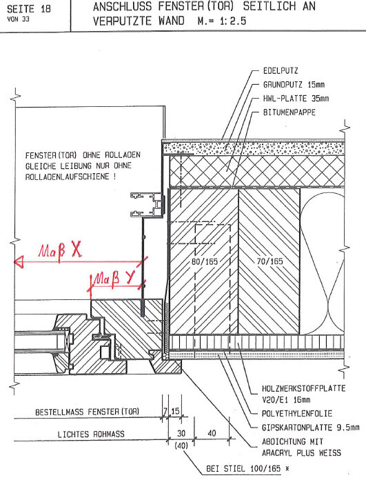 Technical drawing: cross-section of a window/door in a wall structure with insulation and coatings.