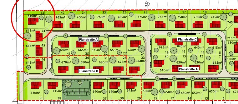 Clear development plan of a residential area with parcels, streets A–C and green spaces.