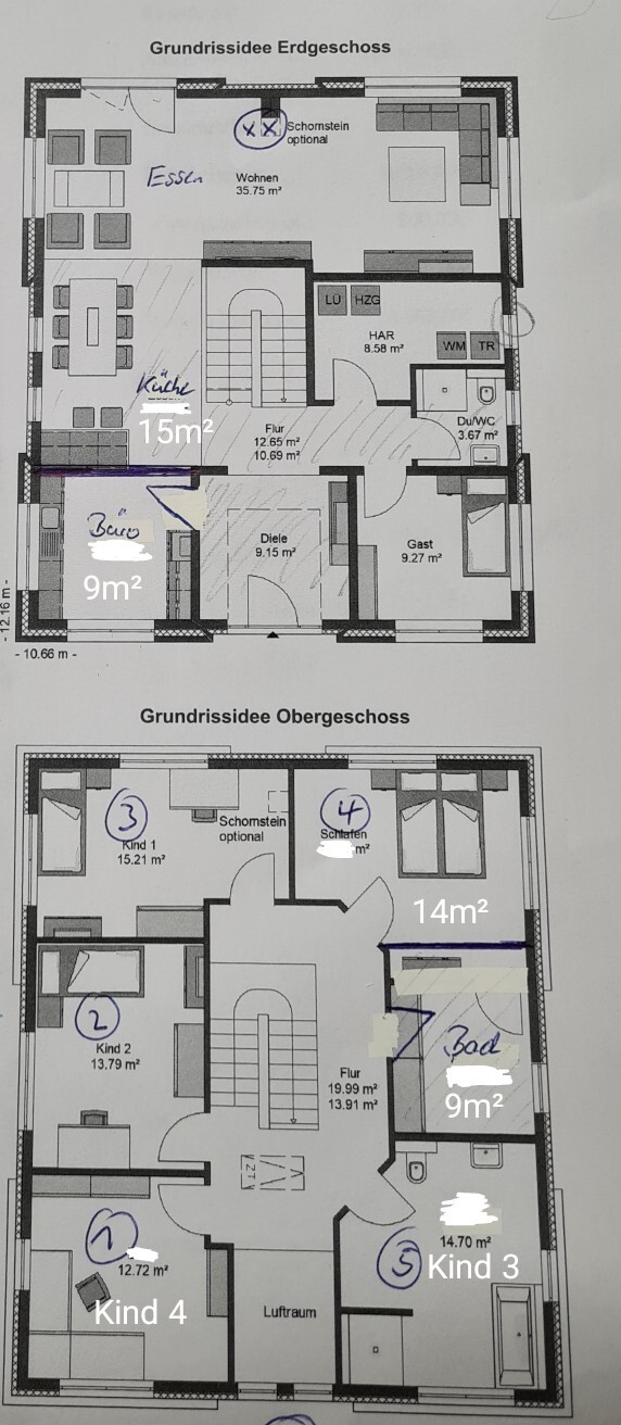 Two-story floor plan: ground floor with kitchen/living area; upper floor with children’s rooms.