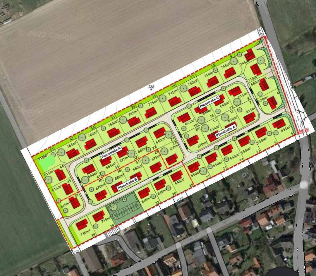 Site plan of a residential area: aerial photo with red houses, green plots, and planned streets A–C.