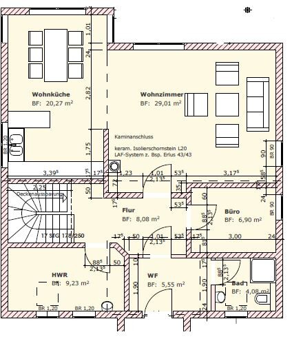 Floor plan of a house with open kitchen, living room, hallway, office, utility room, and bathroom