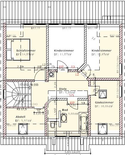 Floor plan of the upper floor: master bedroom, two children’s rooms, guest room, hallway, bathroom.