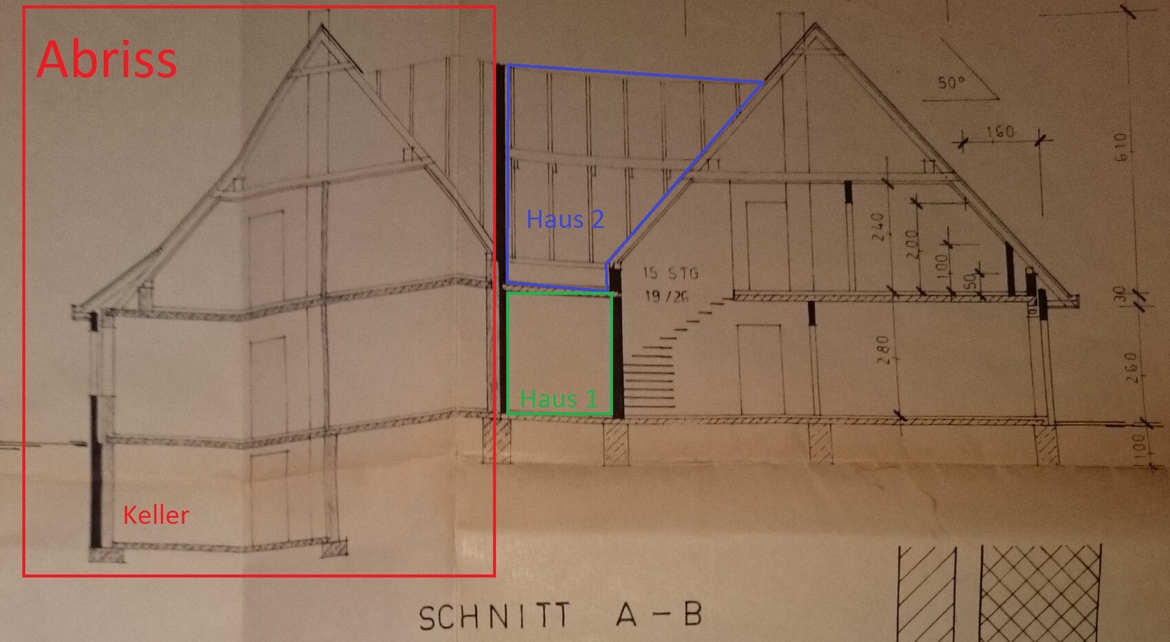 Architectural section through two houses showing basements, stairs, and roof structure.