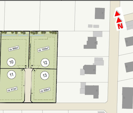 Site plan of two building plots numbered 10-13 and surrounding areas.