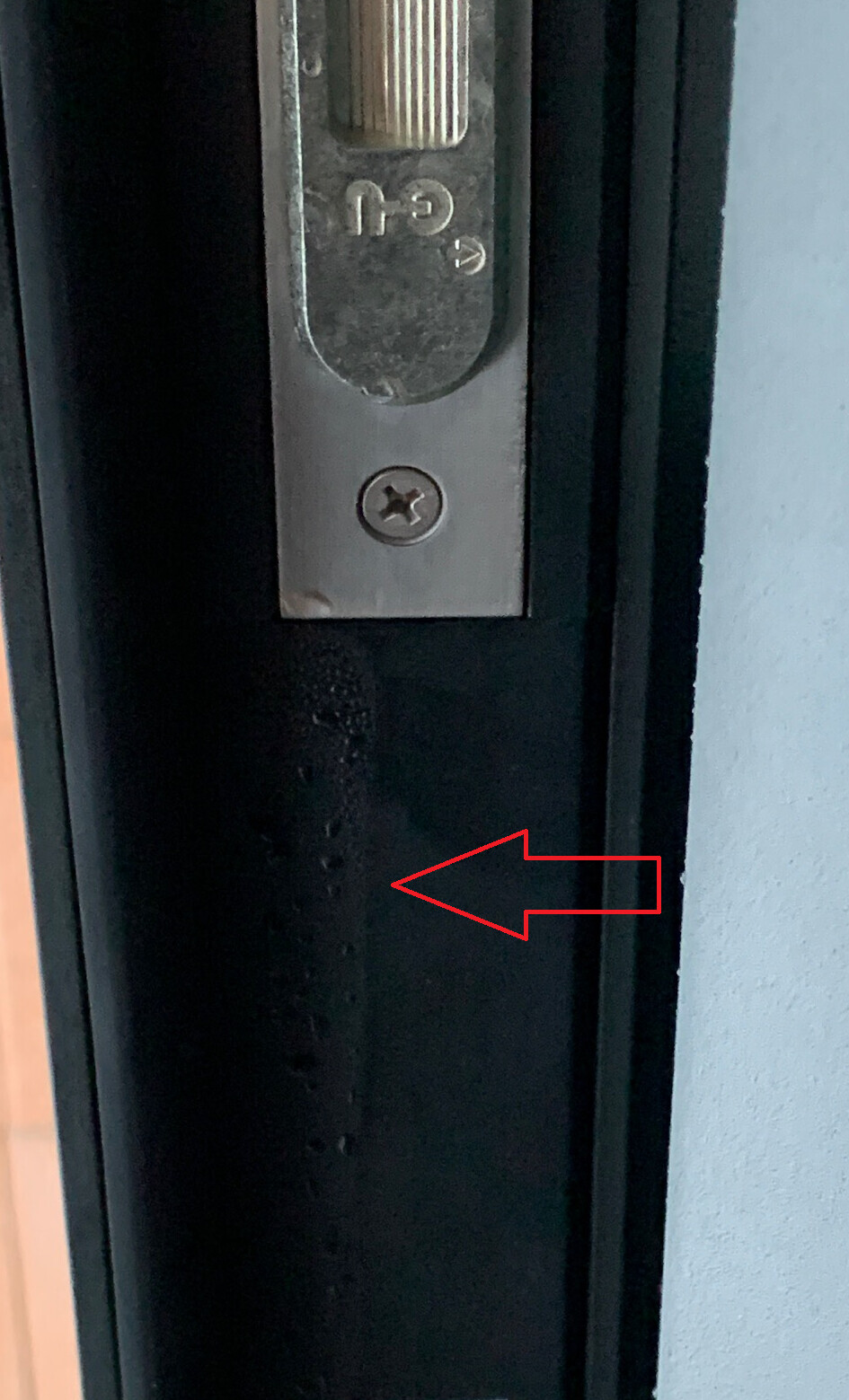 Close-up of the door frame with metal lock, visible screw; red arrow marking the seal.