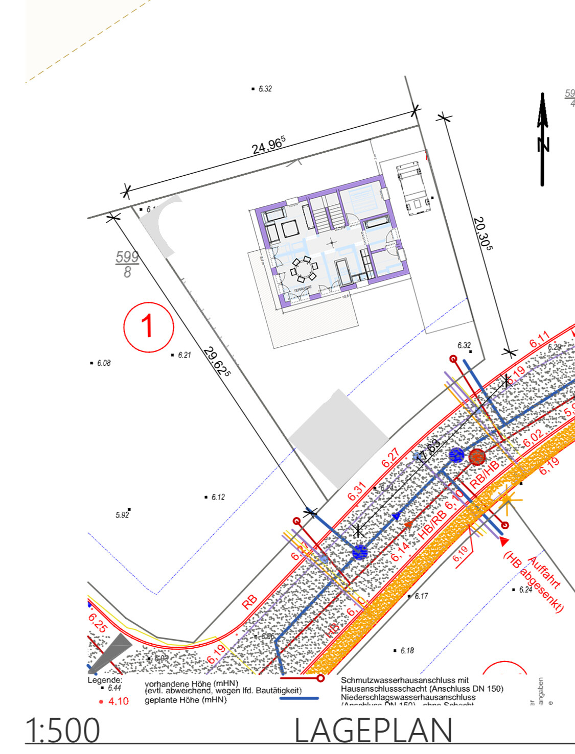 Site plan of a property with a central building, streets, dimension lines, and colored utilities.